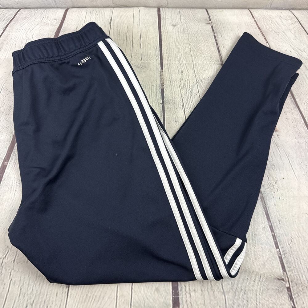 adidas AEROREADY Unisex M Blue Track Pants White Side Stripes Tapered Leg